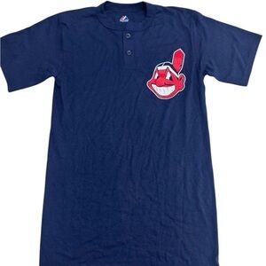 Majestic Cleveland Indians Henley 2 Button Blue Chief Wahoo Shirt Size Small